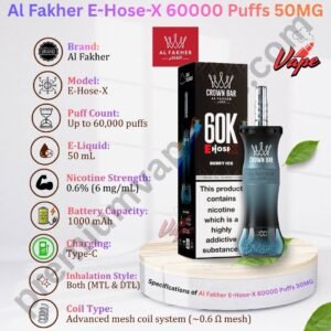 Specifications of Al Fakher E-Hose-X 60000 Puffs 6MG in Dubai