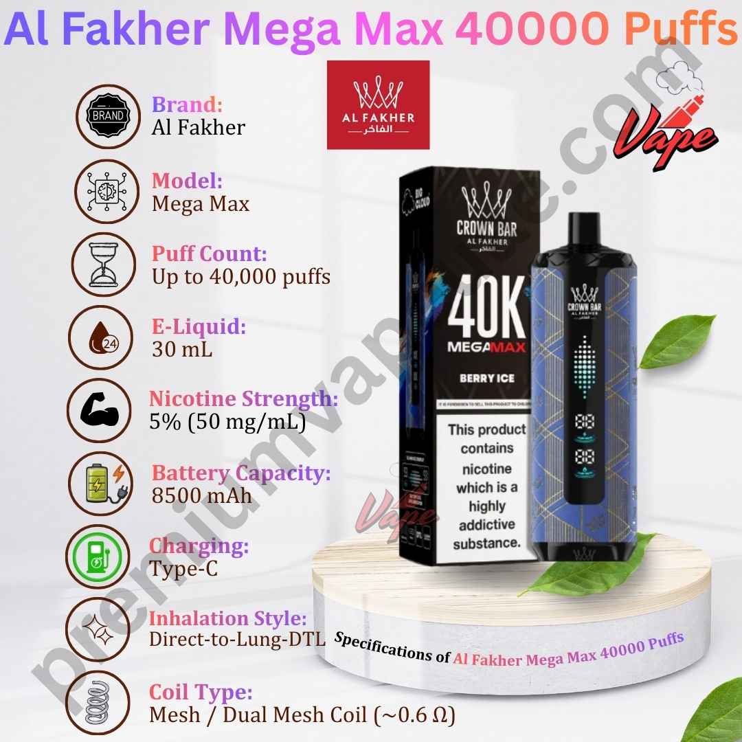 Specifications of Al Fakher Mega Max 40000 Puffs