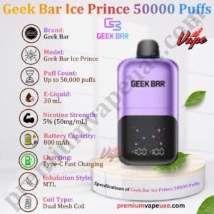 Specifications of Geek Bar Ice Prince 50000 Puffs 50MG