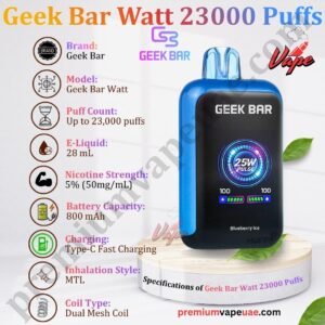 Specifications of Geek Bar Watt 23000 Puffs 50MG in UAE