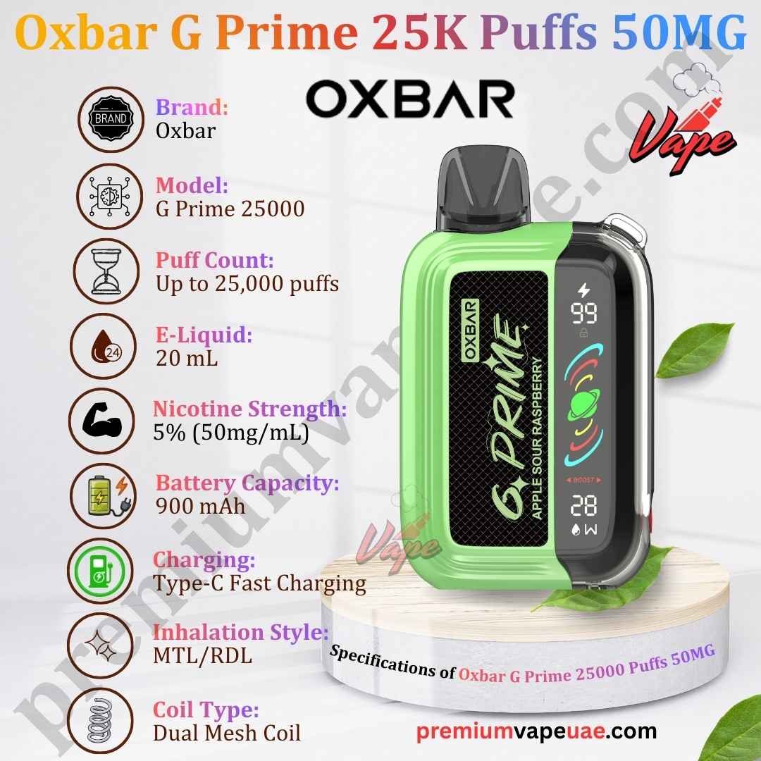 Specifications of Oxbar G Prime 25000 Puffs 50MG