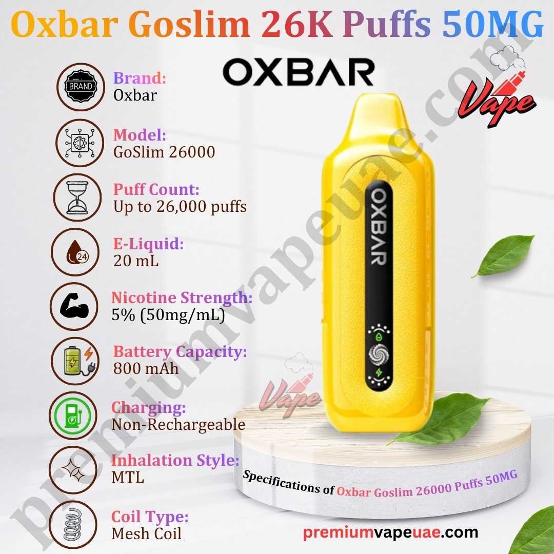 Specifications of Oxbar Goslim 26000 Puffs 50MG
