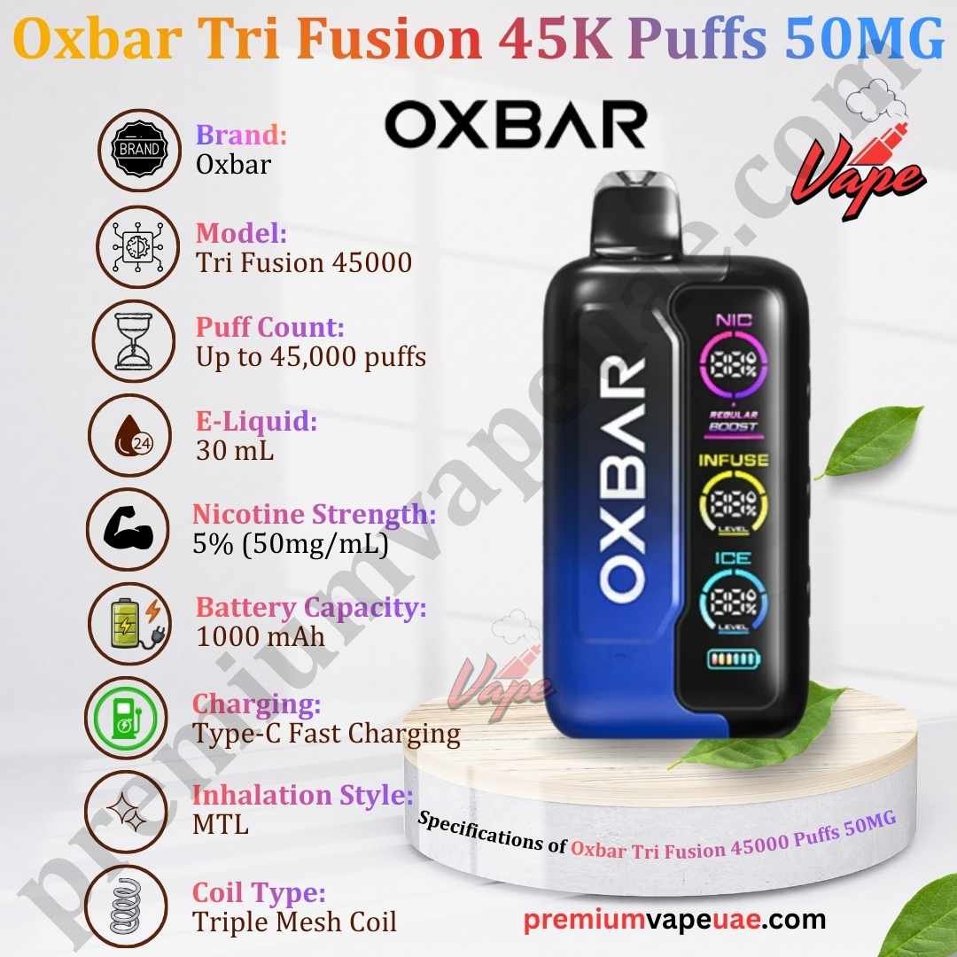 Specifications of Oxbar Tri Fusion 45000 Puffs 50MG