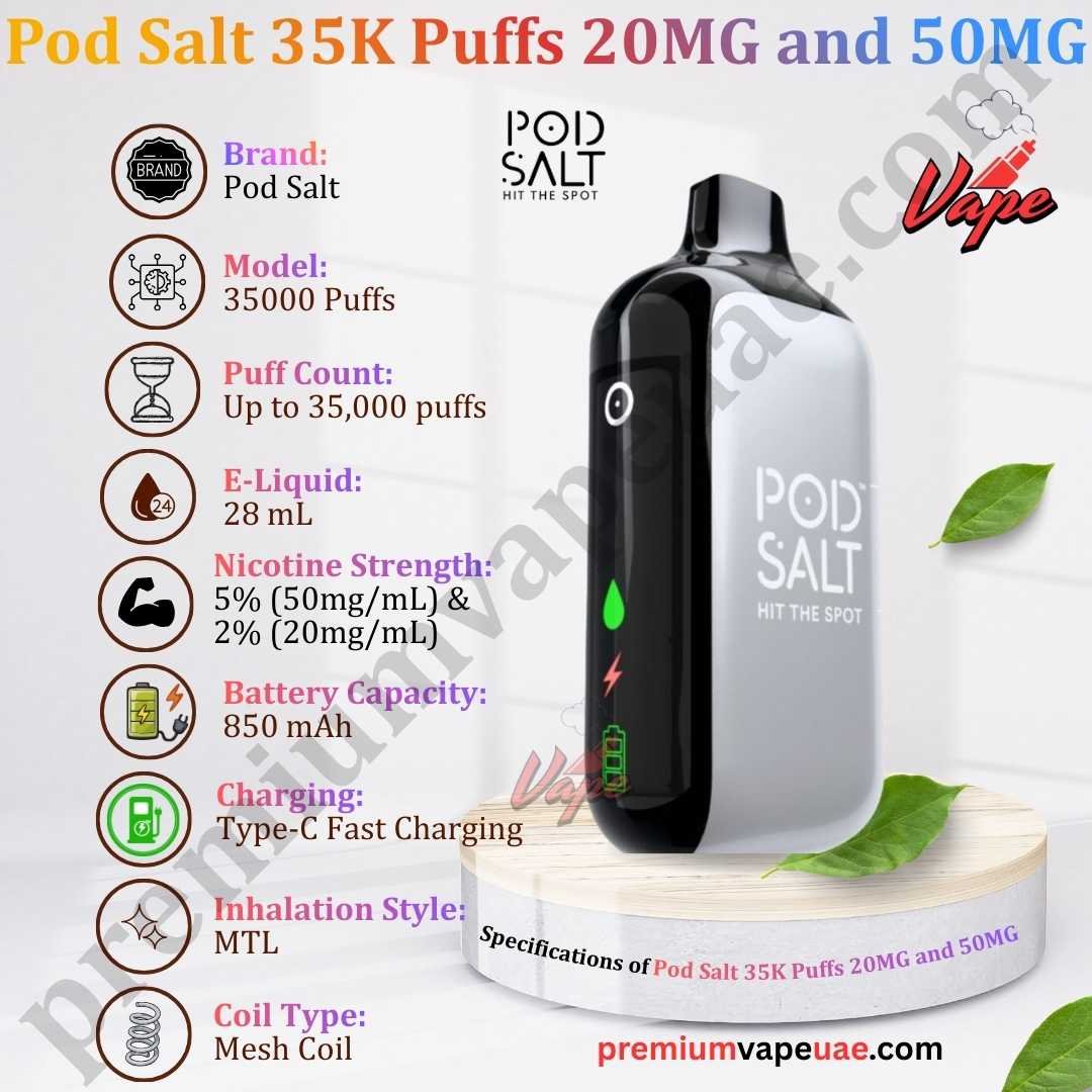 Specifications of Pod Salt 35000 Puffs 20MG and 50MG