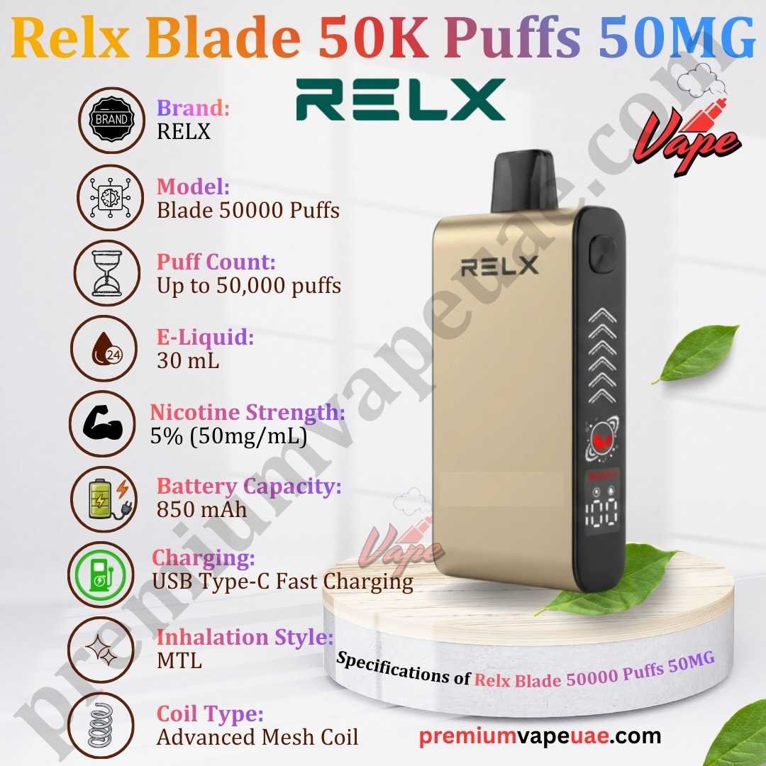 Specifications of Relx Blade 50000 Puffs 50MG