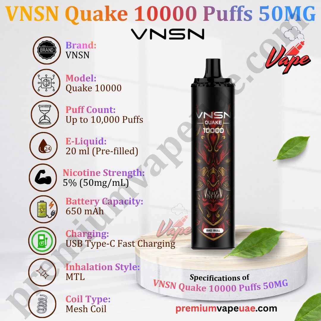 Specifications of VNSN Quake 10000 Puffs 50MG