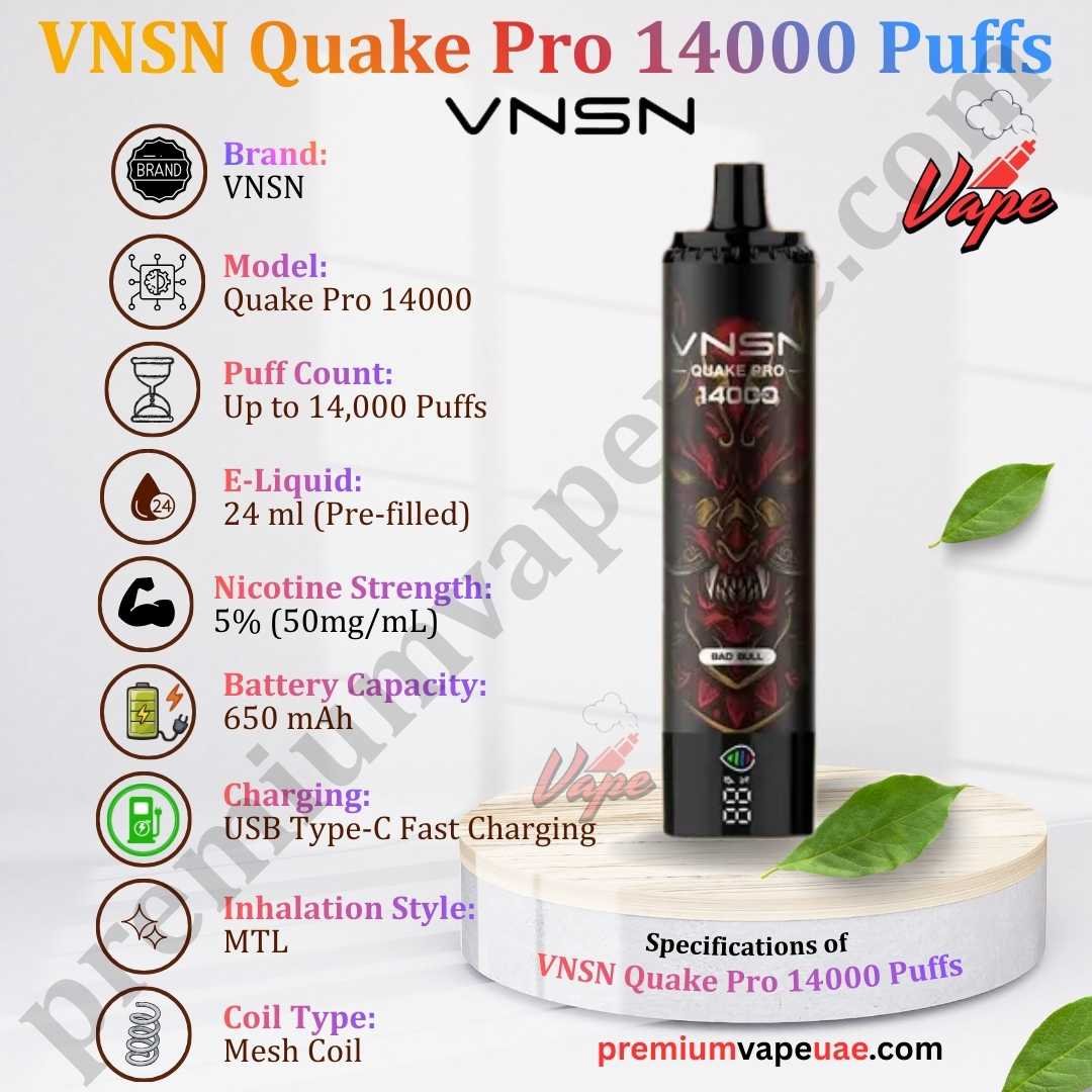 Specifications of VNSN Quake Pro 14000 Puffs