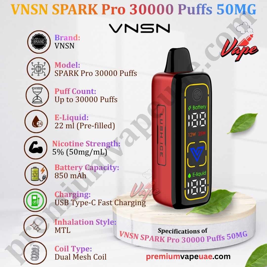 Specifications of VNSN SPARK Pro 30000 Puffs 50MG