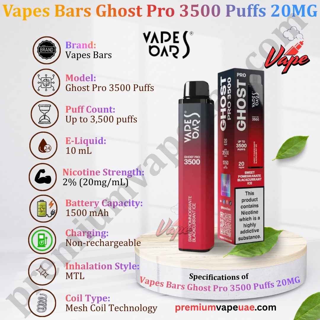 Specifications of Vapes Bars Ghost Pro 3500 Puffs 20MG