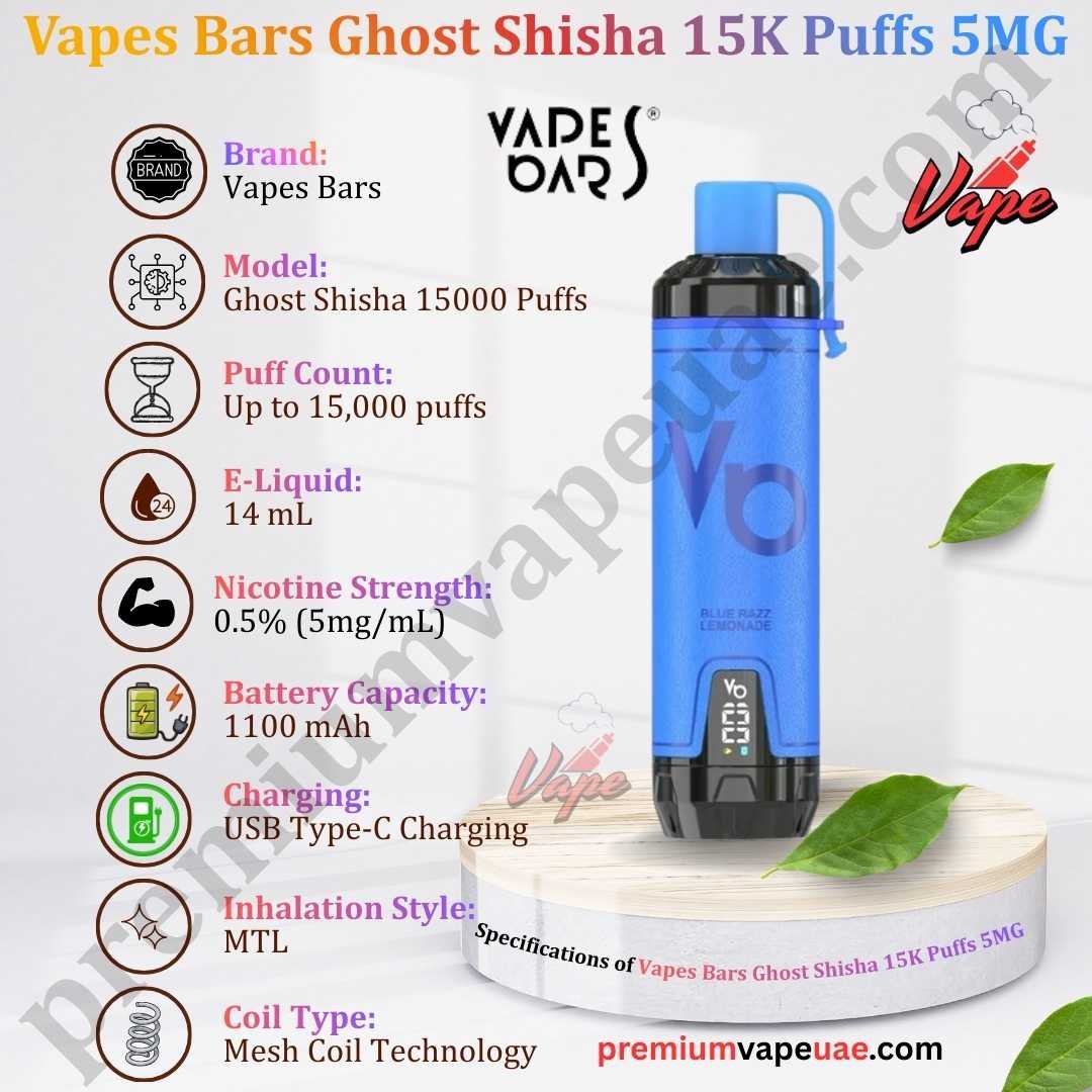 Specifications of Vapes Bars Ghost Shisha 15000 Puffs 5MG
