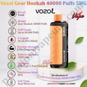 Specifications of Vozol Gear Hookah 40000 Puffs 5MG