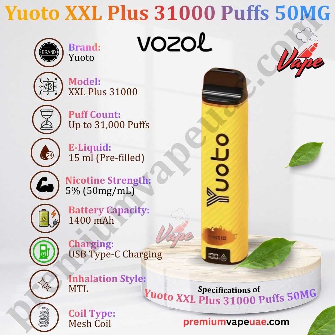 Specifications of Yuoto XXL Plus 31000 Puffs 50MG