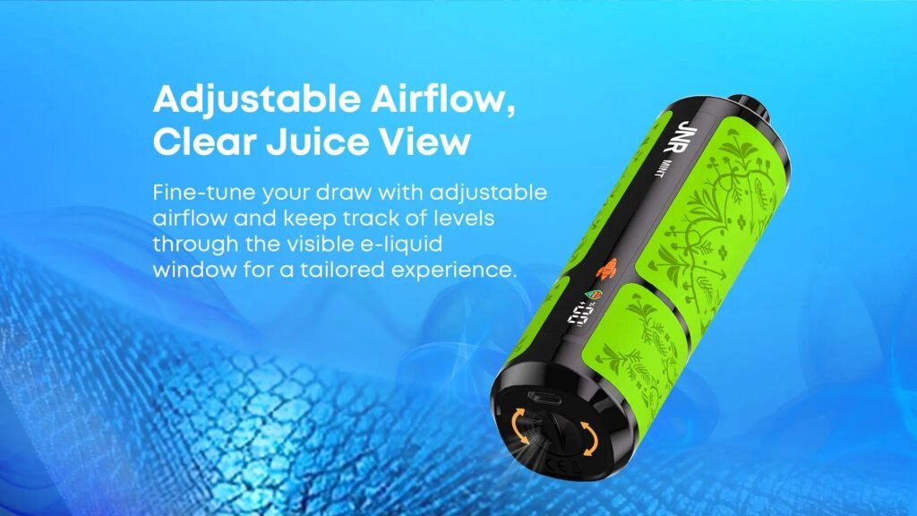 Adjustable Airflow & Clear Juice View of JNR Shisha Ultra 45000 Puffs 20MG