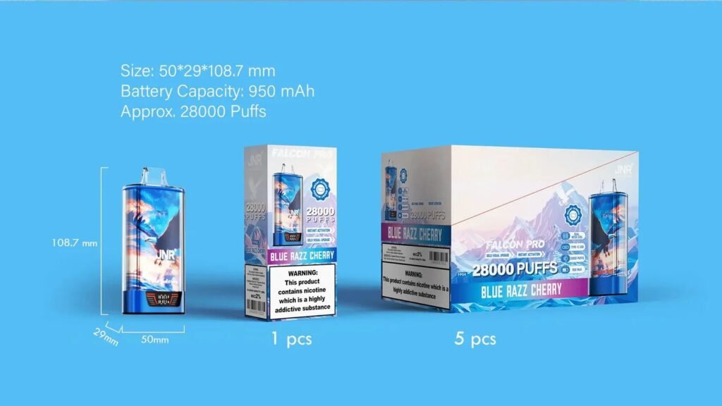 Packaging Details of JNR Falcon Pro 28000 Puffs 20MG