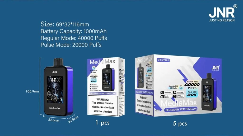 Packaging Details of JNR Media Max 40000 Puffs 50MG