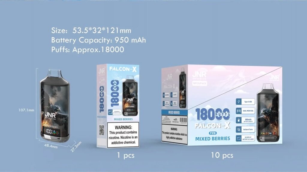 Packeging Details of JNR Falcon X 18000 Puffs 20MG