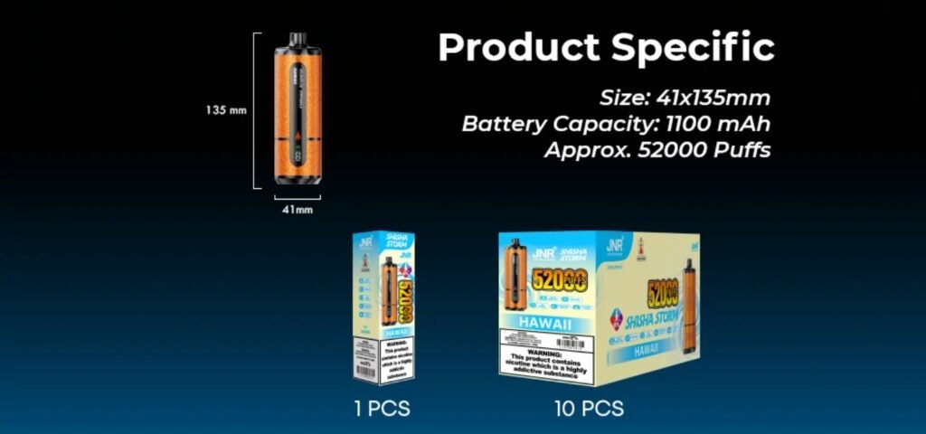 Product Specifications of JNR Shisha Storm 52000 Puffs 20MG