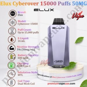 Specifications of Elux Cyberover 15000 Puffs 50MG in Dubai