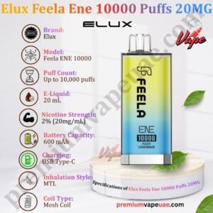 Specifications of Elux Feela Ene 10000 Puffs 20MG Dubai