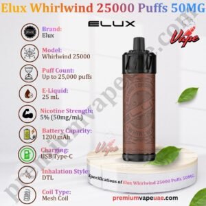 Specifications of Elux Whirlwind 25000 Puffs 50MG Dubai