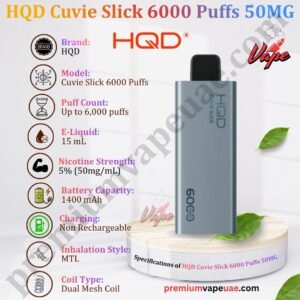 Specifications of HQD Cuvie Slick 6000 Puffs 50MG