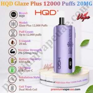 Specifications of HQD Glaze Plus 12000 Puffs 20MG in UAE