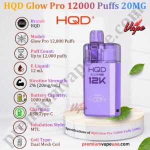 Specifications of HQD Glow Pro 12000 Puffs 20MG in Dubai
