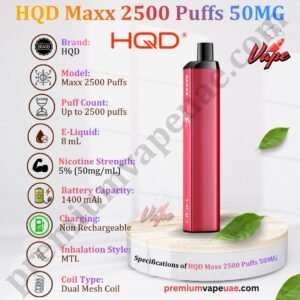 Specifications of HQD Maxx 2500 Puffs 50MG in Dubai