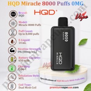 Specifications of HQD Miracle 8000 Puffs 0MG