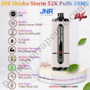 Specifications of JNR Shisha Storm 52000 Puffs 20MG in Dubai