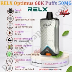 Specifications of RELX Optimus 60000 Puffs 50mg in Dubai