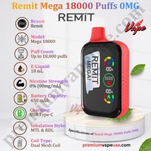 Specifications of Remit Mega 18000 Puffs 0MG in Dubai