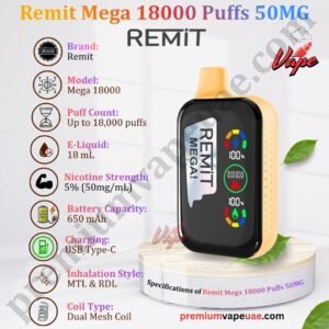 Specifications of Remit Mega 18000 Puffs 50MG in Dubai