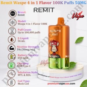 Specifications of Remit Waspe 4 in 1 Flavor 100000 Puffs 50MG in Dubai
