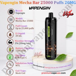 Specifications of Vapengin Mecha Bar 25000 Puffs 20MG in Dubai