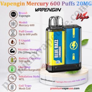 Specifications of Vapengin Mercury 600 Puffs 20MG in Dubai