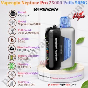 Specifications of Vapengin Neptune Pro 25000 Puffs 50MG in Dubai