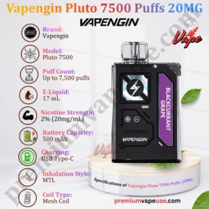 Specifications of Vapengin Pluto 7500 Puffs 20MG in Dubai