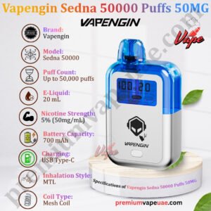 Specifications of Vapengin Sedna 50000 Puffs 50MG in Dubai