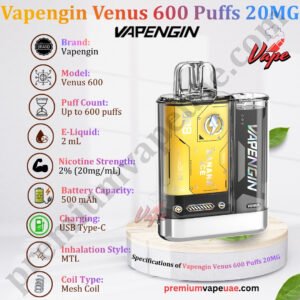 Specifications of Vapengin Venus 600 Puffs 20MG in Dubai