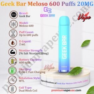 Specifications of Geek Bar Meloso 600 Puffs 20MG