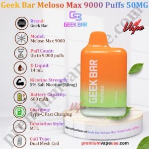 Specifications of Geek Bar Meloso Max 9000 Puffs 50MG