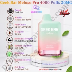 Specifications of Geek Bar Meloso Pro 4000 Puffs 20MG