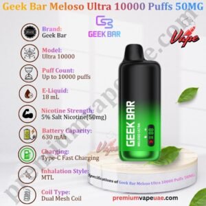 Specifications of Geek Bar Meloso Ultra 10000 Puffs 50MG