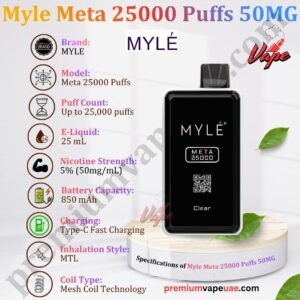 Specifications of Myle Meta 25000 Puffs 50MG