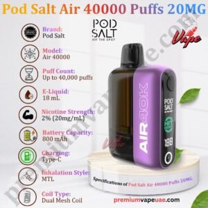 Specifications of Pod Salt Air 40000 Puffs 20MG