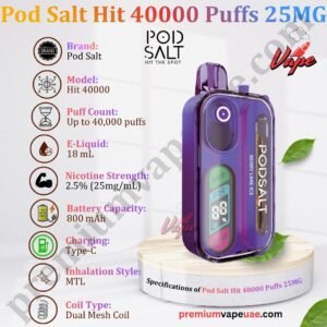 Specifications of Pod Salt Hit 40000 Puffs 25MG