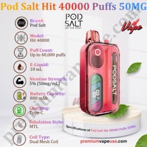 Specifications of Pod Salt Hit 40000 Puffs 50MG