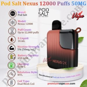 Specifications of Pod Salt Nexus 12000 Puffs 50MG