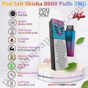 Specifications of Pod Salt Shisha 8000 Puffs 3MG